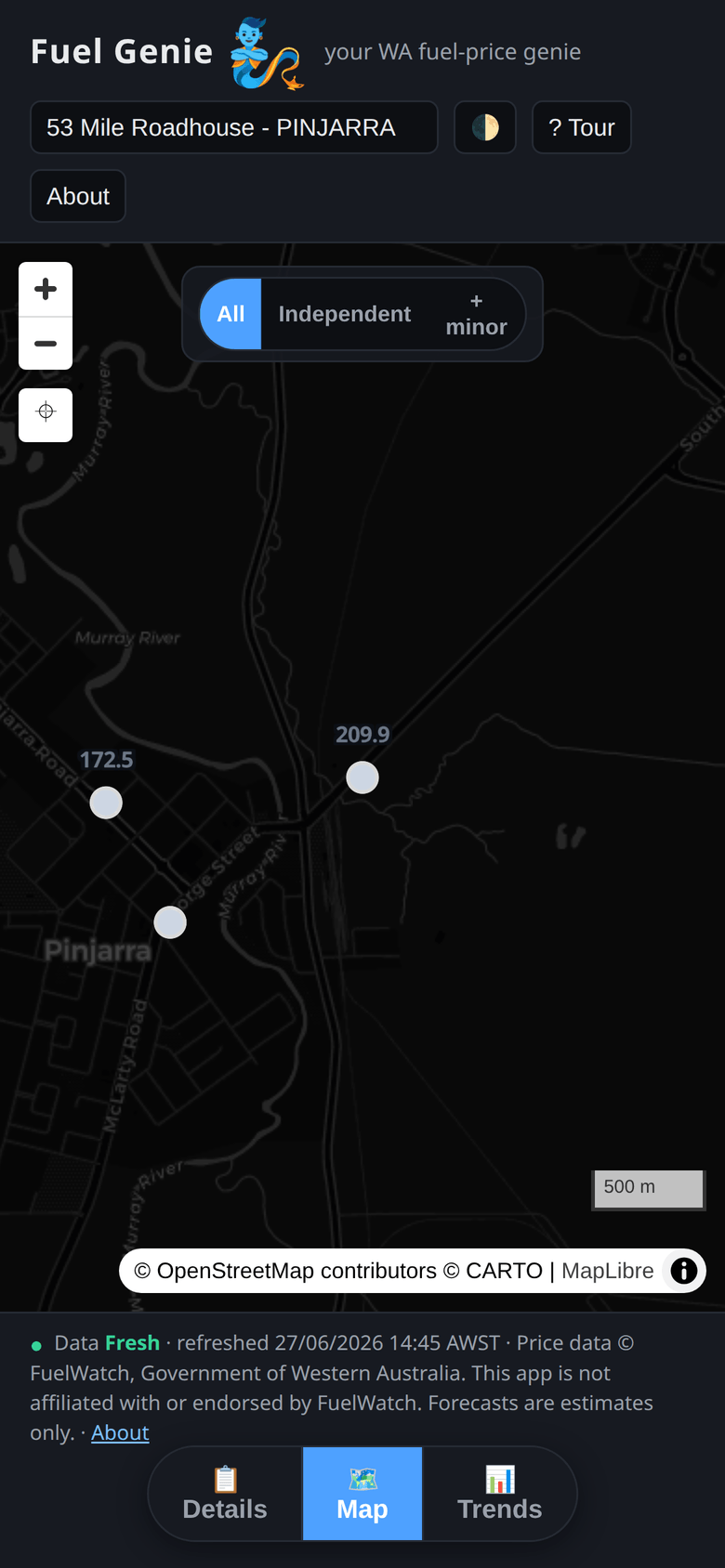 Fuel Genie on a phone: a map of nearby stations with price-labelled dots.